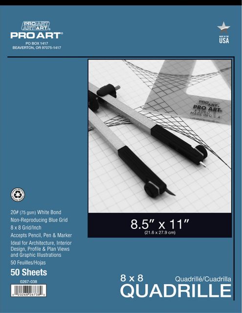 Pro Art 8.5x11 20 lb. 8x8 Grid Quadrille Paper 50 Sheet Tape Bound Pad